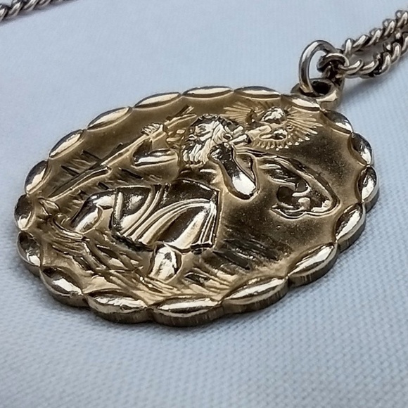 Vintage 12k GF St Christopher Medallion DEDICATED Necklace  28" Chain by GRENCI - Picture 2 of 7